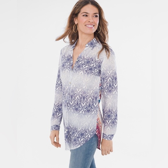 Chicos Faded Medallion Mixed-Print Shirt Sz 2/ 12-14 - Picture 2 of 14